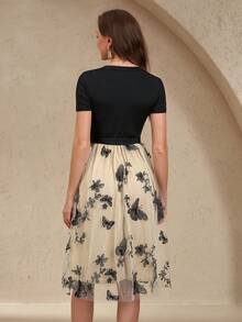 EMERY ROSE Color Block Butterfly Embroidery Mesh Dress Maxi Vacation Beach Outfits Women - Black - View 2
