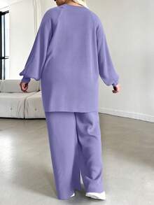 EURMUSE 2pcs Plus Size Solid Color Long Sleeve Sweater Top And Pants Set - Lilac Purple - View 2