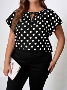 SHEIN Clasi 大码女式波尔卡圆点印花系带荷叶边短袖优雅衬衫，适合夏季 - 黑色 - 查看 3