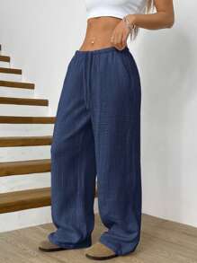 SHEIN EZwear 纯色系带前口袋简约休闲裤，日常休闲装 - 藏蓝色 - 查看 5