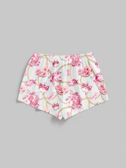 J-Fashion Cute Sexy Metallic Chain & Rose Print Pink & White Women's Shorts