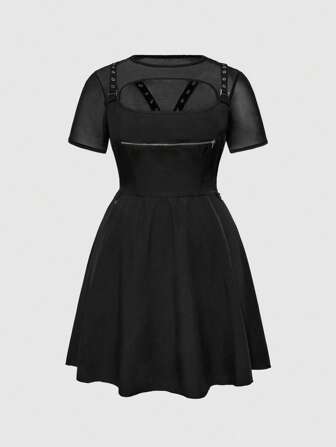 Goth Vestido corto negro con tirantes de estilo gótico vintage para mujer talla grande