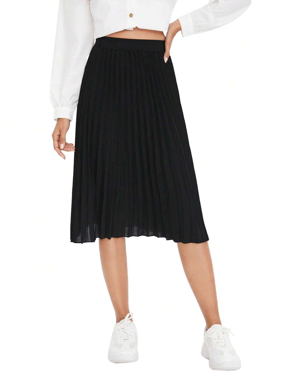 Elastic Waist Pleated Midi Skirt