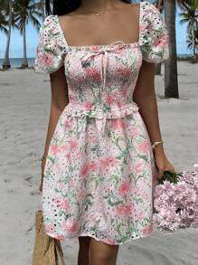 SHEIN EZwear Tea Party Dress Pink Short Romantic Embroidered Summer Dress Island Vacation Beach Dress - White - View 6
