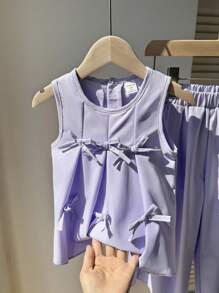 2pcs/Set Girls Solid Purple Stylish Pleated Bowknot Sleeveless Top And Wide Leg Loose Pants Set, Summer Fashion - Baby Blue - View 3