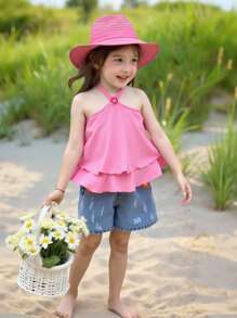 SHEIN 2pcs/Set Young Girl Casual Simple Comfortable Halter Neck Floral Applique Ruffle Trim Tank Top And Denim Shorts