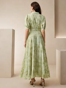 Anewsta 女士绣花领短袖收腰优雅夏装 - 綠色 - 查看 2