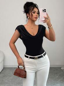 Chiquease Women's Summer Gathered Twist Detail T-Shirt Shawl Collar Top, Fitted & Casual Commuting Top - Black - View 5