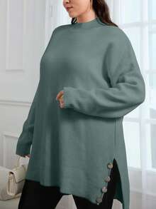 EURMUSE Plus Size Women's Solid Color Drop Shoulder Long Sleeve Side Button Design Split Hem Sweater - Mint Green - View 4