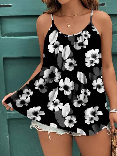 SHEIN Clasi Music Festival Vacation Casual Minimalist Elegant Black & White Floral Plus Size Tank Top And Top, Suitable For Summer Suitable For Going Out
