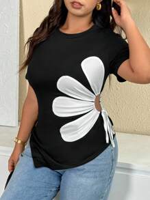 Elenzga Camiseta de Gola Redonda de Manga Curta Plus Size, Moda para o Verão - Preto - Visão 7