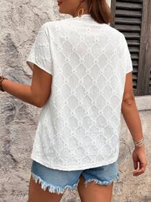 EMERY ROSE Plus Size Women's Oblique Collar Front Button Bat Wing Sleeve Textured Knitted Short Sleeve T-Shirt, Solid Color Casual Tee For Summer - Apricot - View 2