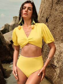 Anewsta Women's Summer Beach Holiday Solid Color High Waist Twist Puff Sleeve Design Swimsuit Set - Yellow - View 1