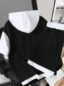 Manfinity Joysei Men Contrast Color Drawstring Hooded 2 In 1 Top And Shorts Set, Cozy Outfits - Black - View 2