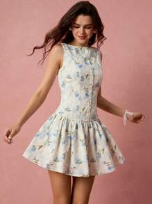 Enchnt Vestido mini de mujer con estampado floral elegante y romántico, sin mangas y con botones