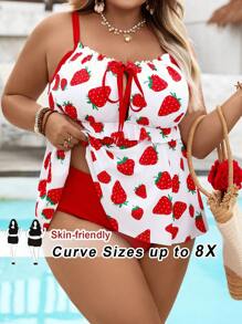 SHEIN CURVE+ Bộ đồ bơi tankini dây đeo họa tiết dâu tây casual cho nữ size lớn, trang phục đi biển mùa hè/về quê/kỳ nghỉ bãi biển/đồ đi biển/đồ tắm cho nữ - Nhiều màu - Xem 1