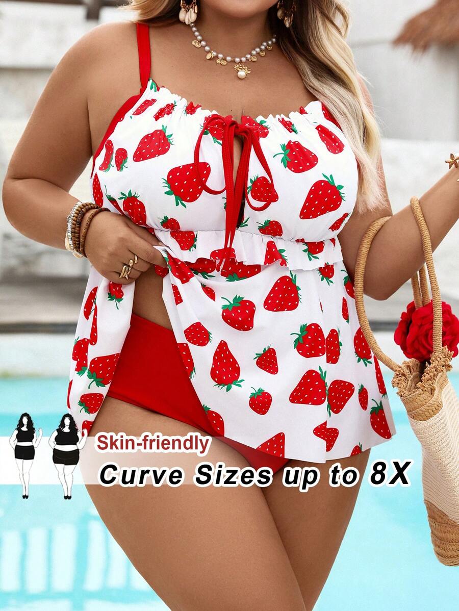 SHEIN CURVE+ Bộ đồ bơi tankini dây đeo họa tiết dâu tây casual cho nữ size lớn, trang phục đi biển mùa hè/về quê/kỳ nghỉ bãi biển/đồ đi biển/đồ tắm cho nữ - Nhiều màu - Xem 1