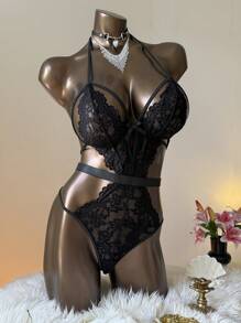 Aloruh Women's Sexy Lace Halter Backless Bodysuits, Black - Black - View 4