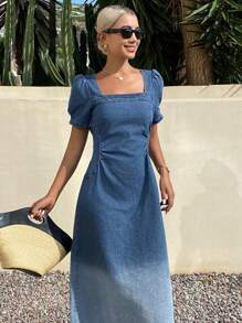 DAZY Vestido de mezclilla con cuello cuadrado, mangas abullonadas y drapeado en estilo ombre para mujeres, ideal para el verano y el regreso a clases - Azul lavado medio - Ver 6