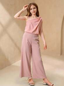 SHEIN Girls Elegant Simple Oblique Shoulder Short Fitted Pink Camisole And Elastic Waist Straight Leg Fitted Pink Pants Set Summer Lady Style - Pink - View 1