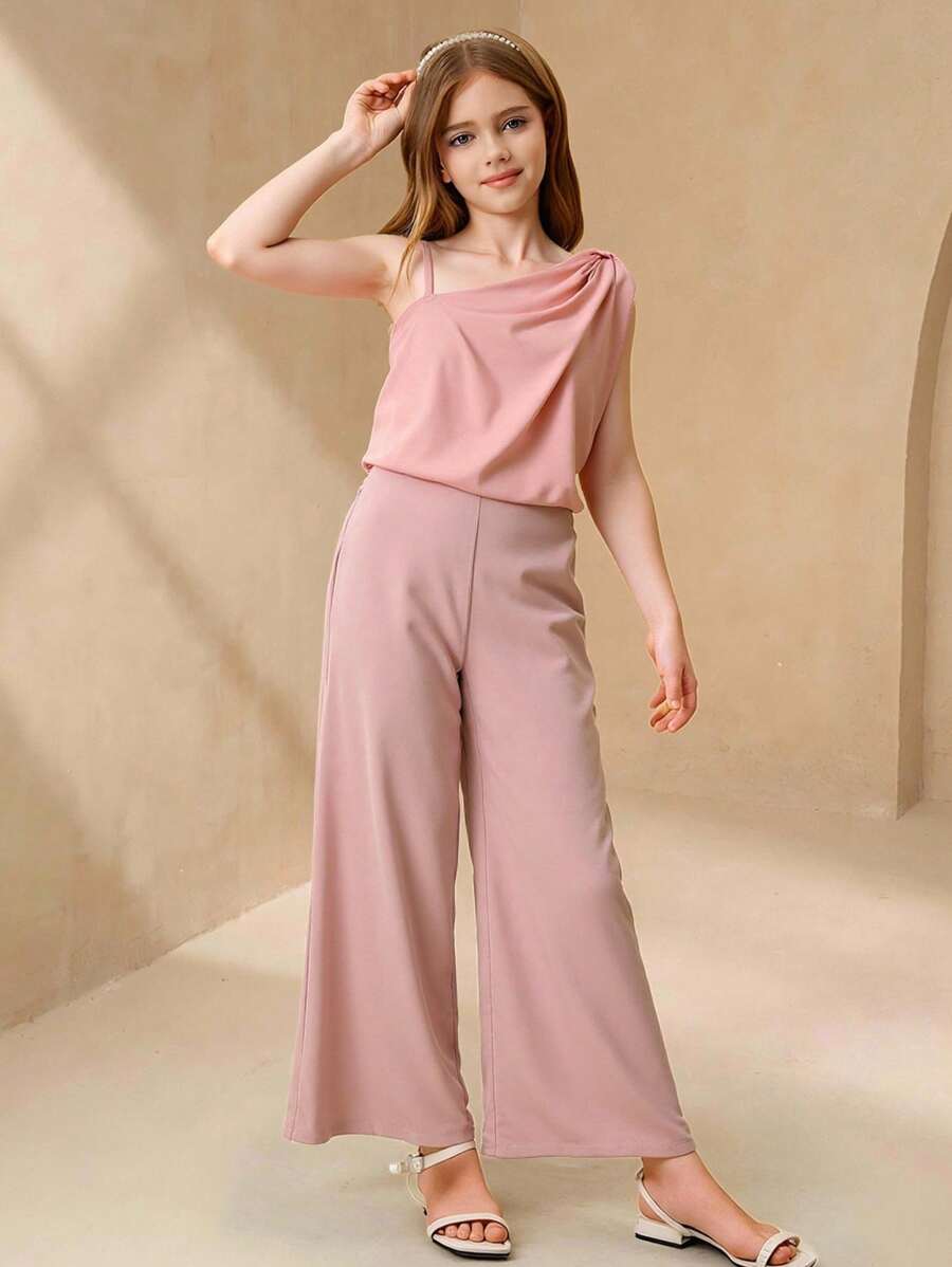 SHEIN Girls Elegant Simple Oblique Shoulder Short Fitted Pink Camisole And Elastic Waist Straight Leg Fitted Pink Pants Set Summer Lady Style - Pink - View 1