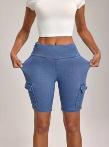 Flexra Quần short denim đa năng, dáng ôm, túi tiện dụng dành cho nữ - Màu xanh lam - Xem 5