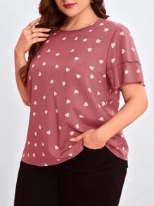 Reflora Blusa de manga corta con cuello redondo y volantes con estampado de corazón para mujer de talla grande - Rosa - Ver 4