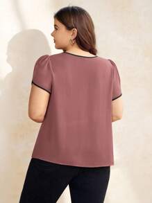 SHEIN Clasi Plus Keyhole Neck Petal Sleeve Contrast Binding Blouse - Dusty Pink - View 2