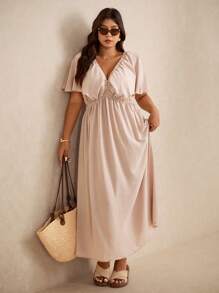 Elaquor Đầm suông tay bồng cổ chữ V màu trơn đơn giản mùa hè cỡ lớn cho nữ - Màu be - Xem 3