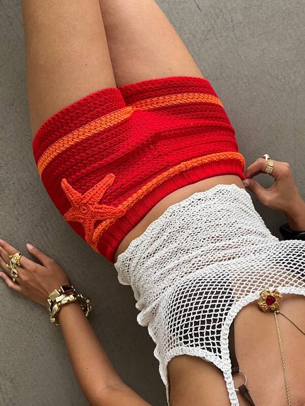 Aloruh New Summer Hot Babe Vintage Colorblock 3D Starfish Decor Bohemian Beach Vacation Style Low Waist Bodycon Knitted Shorts