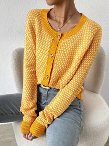 SHEIN LUNE 全身图案撞色边开衫，女士春/秋休闲纽扣常规袖圆领常规版型黄色全身印花女式开衫，休闲日常装，长袖上衣