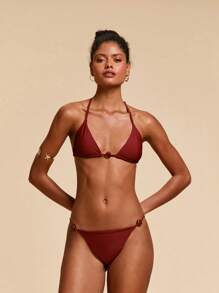 Travachic Women's Elegant Burgundy Minimalist Solid Color Backless Halter Bikini Set,Summer Holiday Beach Party Swimwear Swim Suits,Beach Outfits For Woman - Brown - View 7