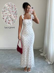Elenzga Romantic Lace Cherry Print Elegant Mermaid Hem Dress