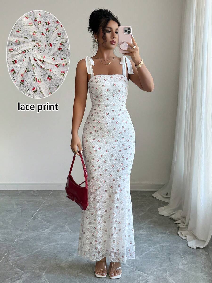 Elenzga Romantic Lace Cherry Print Elegant Mermaid Hem Dress