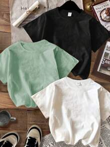 SHEIN Camiseta de manga corta y cuello redondo con gráfico de coco, adecuada para vacaciones, días festivos y verano, de estilo casual y sencillo para niños