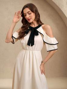 EMERY ROSE Vestido elegante de mujer con bloque de color, escote off shoulder, lazo en la cintura y volantes en el bajo, para primavera/verano - Multicolor - Ver 6