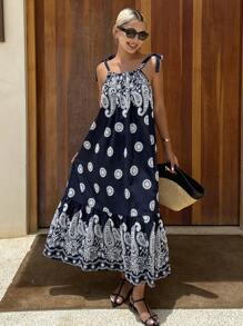 Livesso Women's Summer Vacation Bohemian Style Paisley Print Knotted Shoulder Dress,Back To School Clothes - Blue - View 2