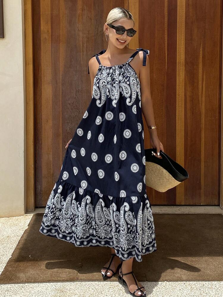Women's Summer Vacation Bohemian Style Paisley Print Knotted Shoulder Dress,Back To School Clothes Boho