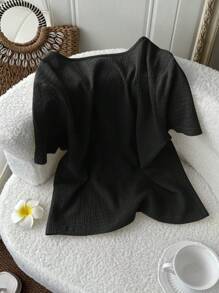 SHEIN LUNE Light Yellow Front Knot Crop Top T-Shirt For Women, Sexy Cute Casual Fashion