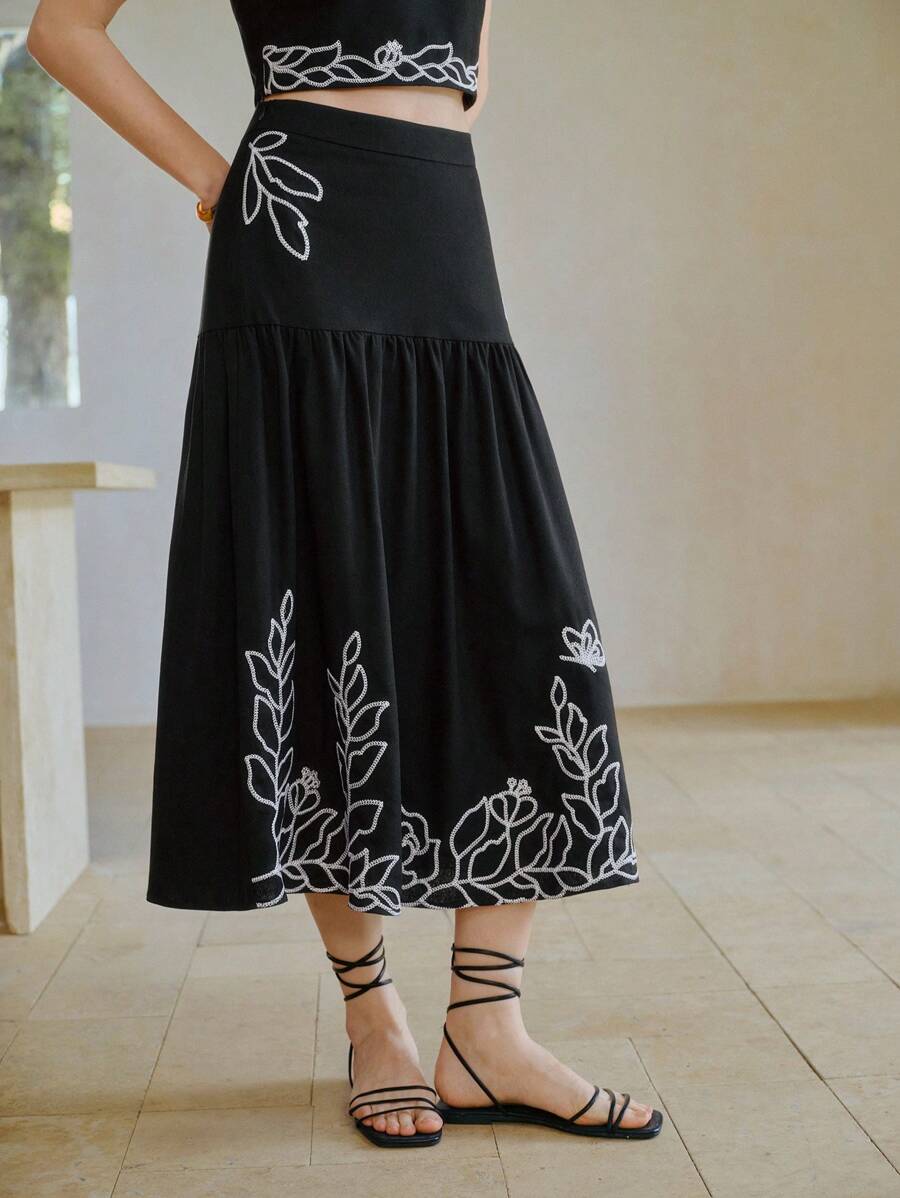 MOTF STUDIO 亚麻刺绣拉链裙 - 黑色 - 查看 2