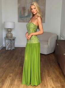 SHEIN BAE Spring/Summer Solid Green Embellished Jewel Floral Sequin Mesh Maxi Beach Holiday Dress, Summer Dress, Beach Dress, Elegant Dress Party Dresses For Women