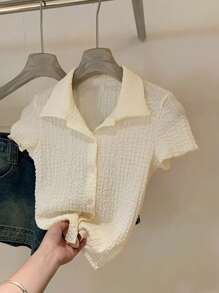 新款修身甜美时尚修身马球领纯色女上衣 - 杏色 - 查看 4