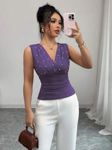 Elenzga 嘉年华紫色V领褶皱腰身无袖优雅浪漫女式上衣 - 紫色 - 查看 6