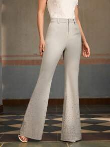 ZEYLAH 女式高腰素色优雅喇叭裤水钻装饰长裤，喇叭裤 - 灰色 - 查看 5