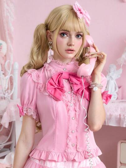 J-Fashion Lolita Style Babydoll Kawaii Sweet 3D Bow Decor Puff Sleeve Blouse For Women