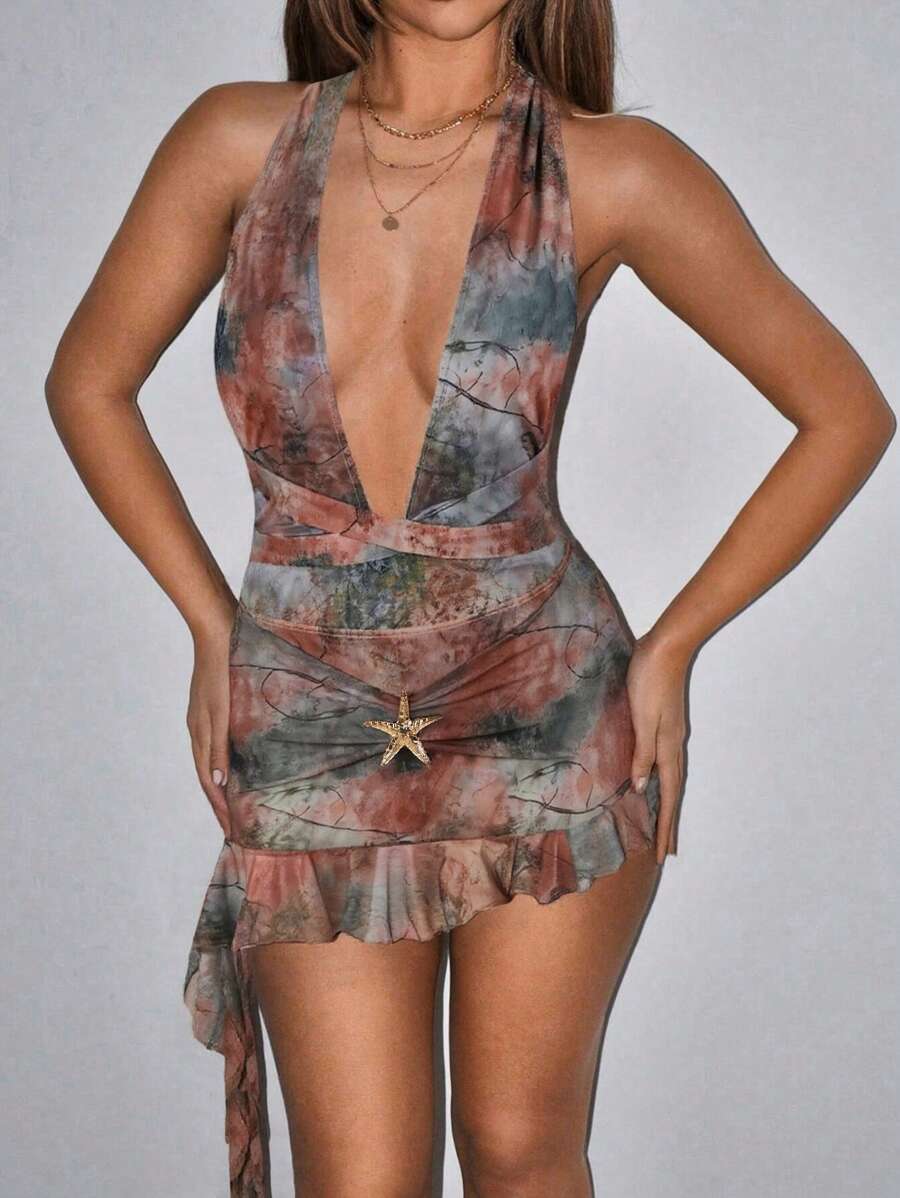 SHEIN Swim 2pcs Women Summer Beach Vacation Metallic Star Decor Ruffle Hem Random Print Backless Halter One Piece Swimsuit - Multicolor - View 1