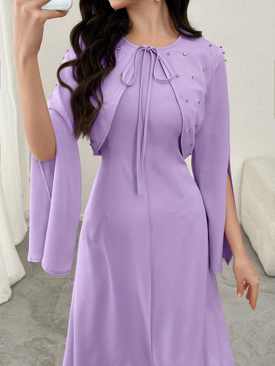 Modelyn 2 件套女士优雅短款夹克,带水钻装饰和紧身连衣裙,春夏 - 淡紫色 - 查看 1