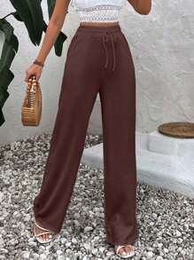 EURMUSE Women's Summer Solid Color Coffee Brown High Waist Drawstring Waist Linen Wide Leg Pants Home Casual - Brown - View 4