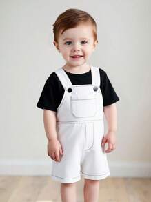 SHEIN Infant Boys' Casual Chic Plain White Cargo Romper, Minimalist Style, Comfortable & Versatile For Outings And Daily Wear, Suitable For Spring/Summer - White - View 6