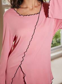 Lowkey Lull Women Frill Trim Long Sleeve Top And Pants Loungewear Set Easy Comfort, Fall Clothes - Pink - View 6